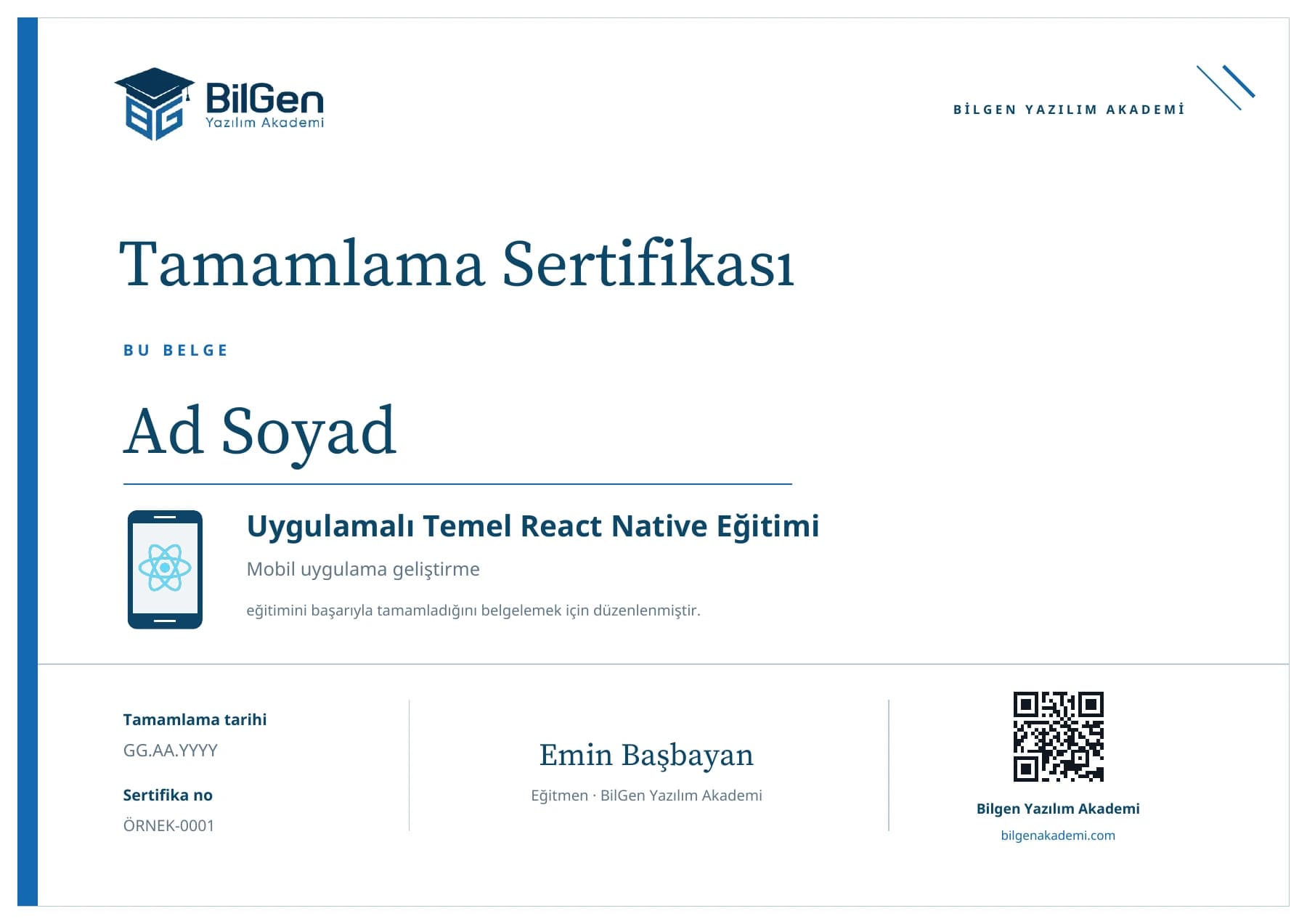 Uygulamalı Temel React Native Eğitimi tamamlama sertifikası örneği; BilGen logosu ve telefon içinde React simgesi